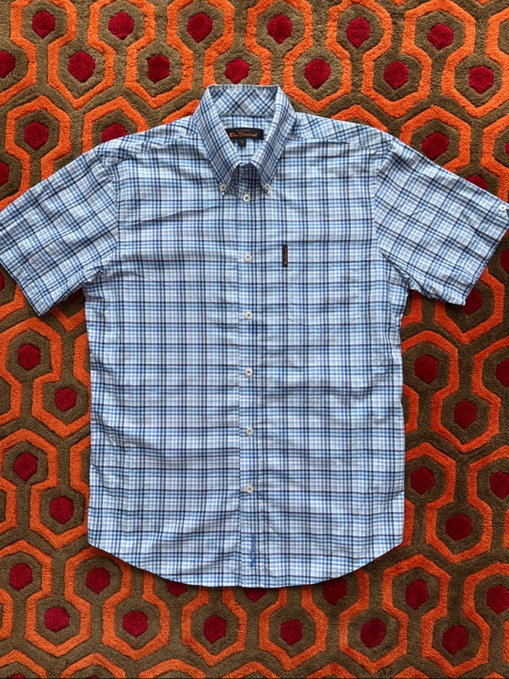 MAKE OFFER! Ben Sherman Short-Sleeve Blue and White Plaid Button-Down Shirt SM